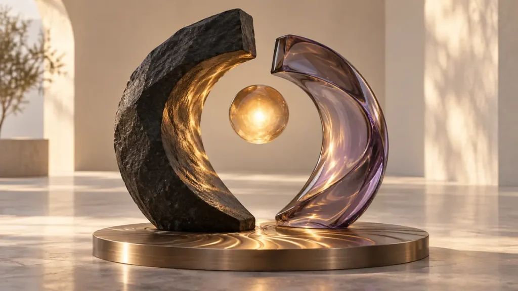 Two stone-and-glass arcs align around one shared sphere of warm light, suggesting unspoken attraction.