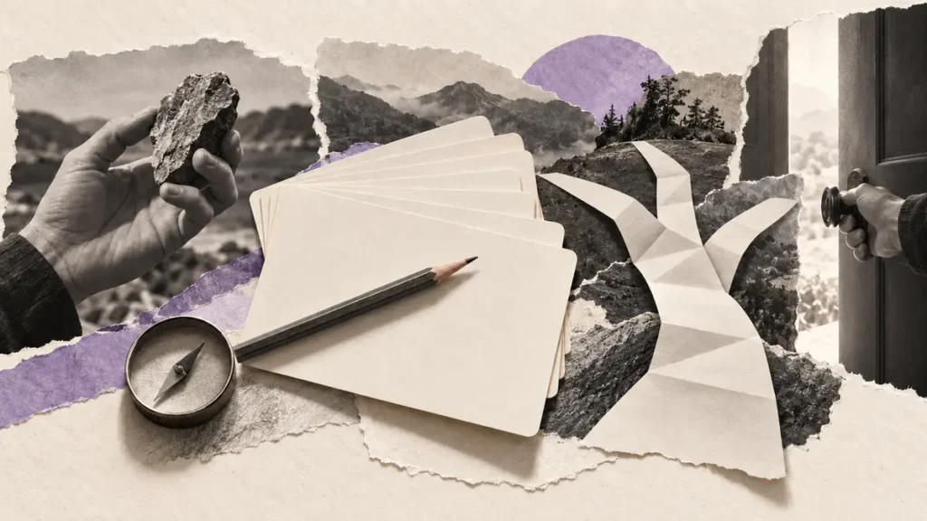 Blank cards and branching paper paths connect observation, decisions and practical life experiments.
