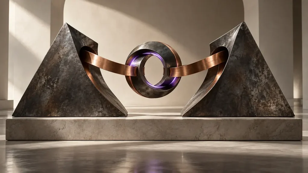 Opposing steel forms feed a copper band through a closed loop, sustaining conflict between them.