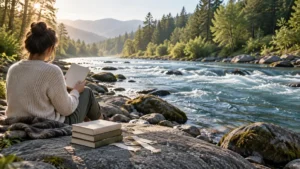 A reader chooses one blank book beside a flowing river, treating reading as an ongoing current.