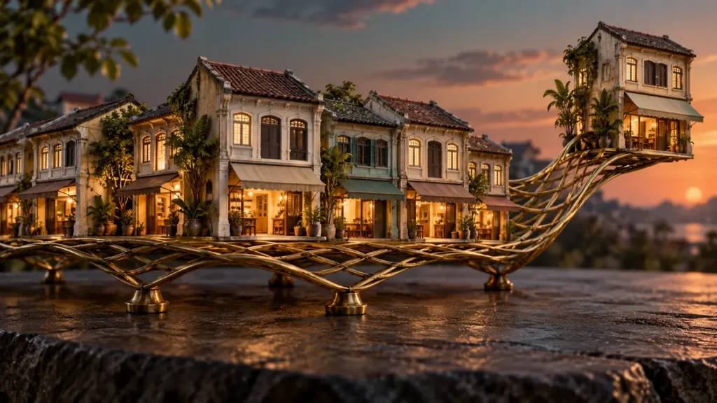 Southeast Asian shophouses rest on a flexible brass network, symbolizing resilient relationship-based business.