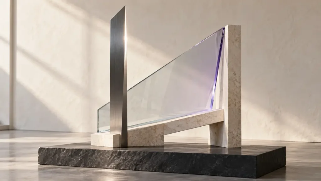 Angular metal, glass and stone forms combine three distinct modes of focus in one disciplined structure.
