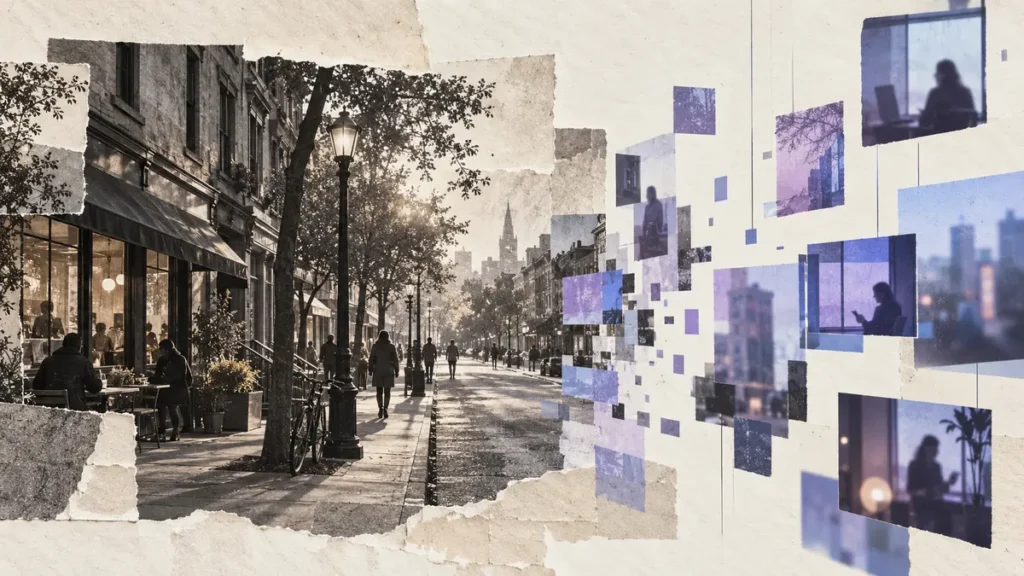 A shared city street dissolves into isolated digital fragments, contrasting community with online life.