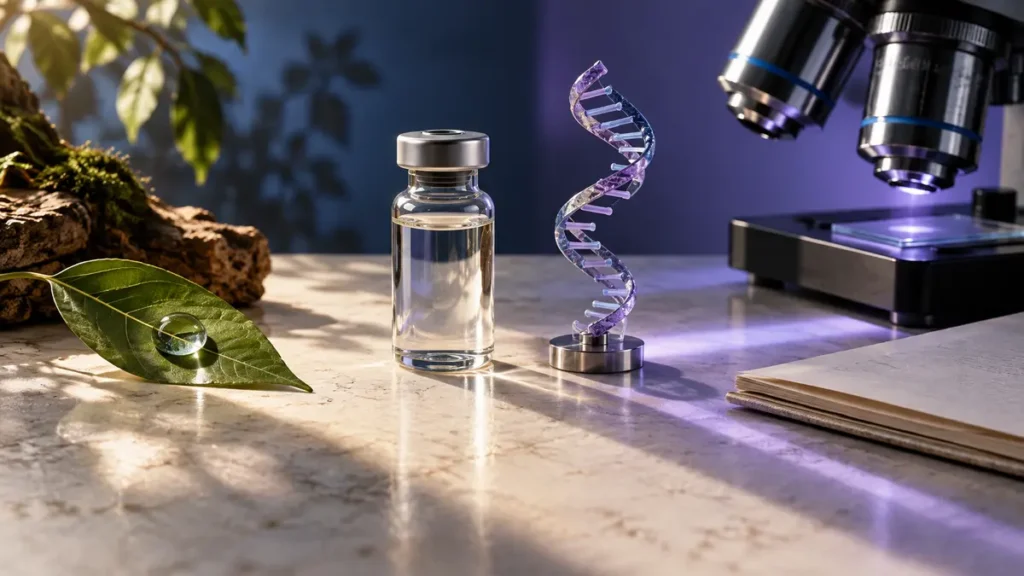 A sealed vial, genome model, microscope and leaf sit on separate evidence paths in a study of Covid's origin.