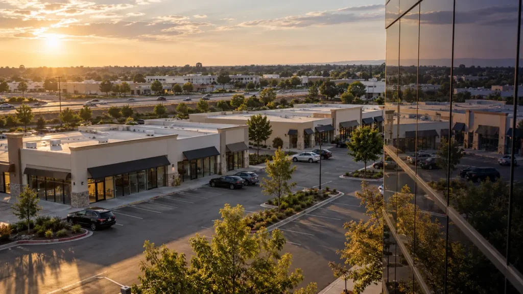 An anonymous suburban retail strip and its mirrored office facade reveal the hidden ownership of everyday places.