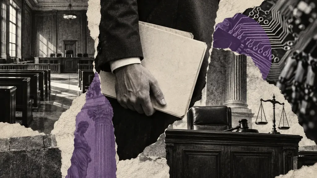 A human hand holds a blank evidence folder between a courtroom collage and abstract circuitry.