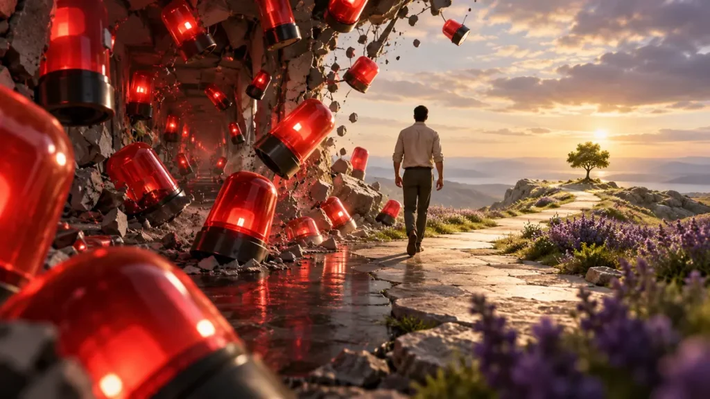 A person leaves a collapsing corridor of red alarms for a calm path toward a small tree and a more important life.