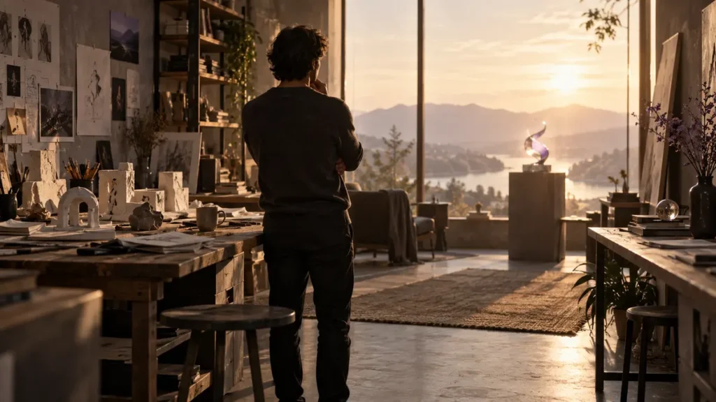 A creator pauses among unfinished prototypes as one distant idea catches the light, expressing progress without milestones.