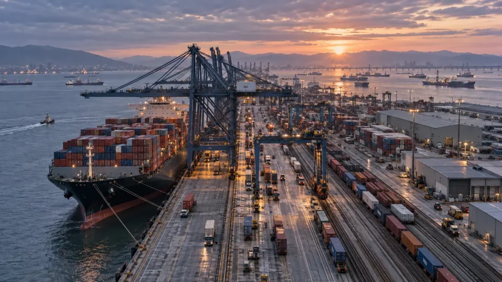 A container port links ships, cranes, rail lines and warehouses into a vast, fragile global supply network.