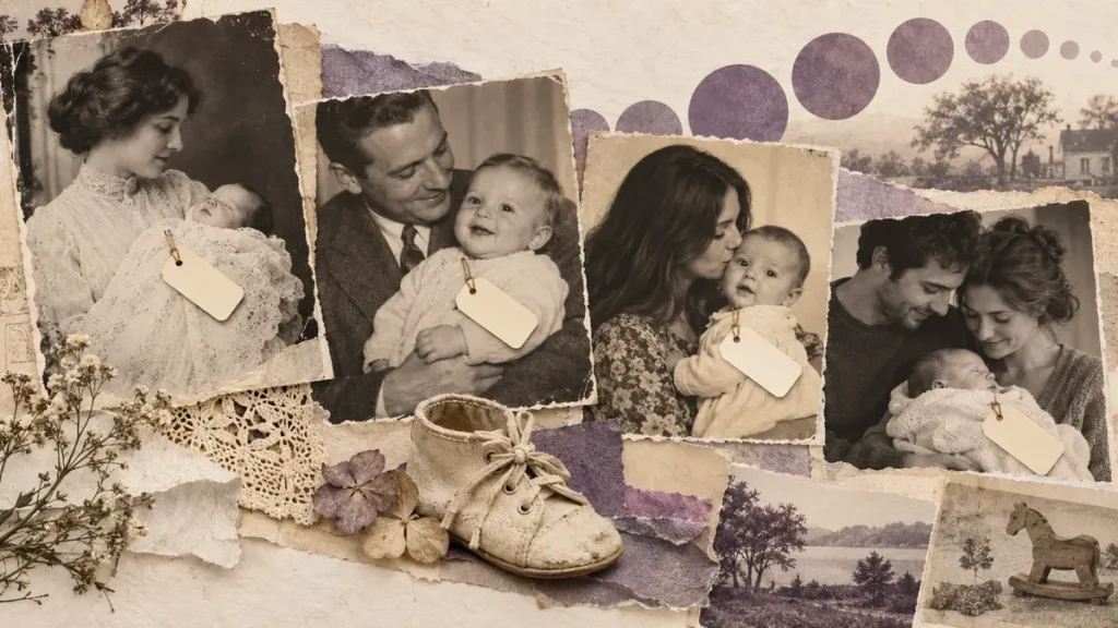Anonymous family photos with blank name tags and a baby shoe trace naming choices across generations.