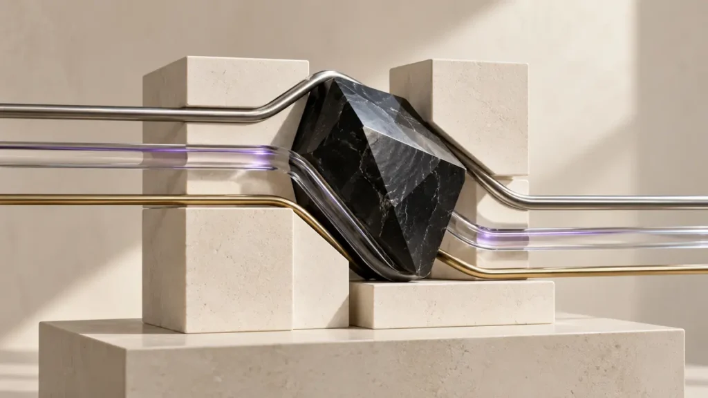 A faceted black stone redirects metal and glass lines through an ivory grid, symbolizing unconventional thought.