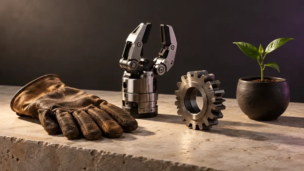 A work glove, robotic gripper, steel gear and seedling form a still life about automation and adaptation.