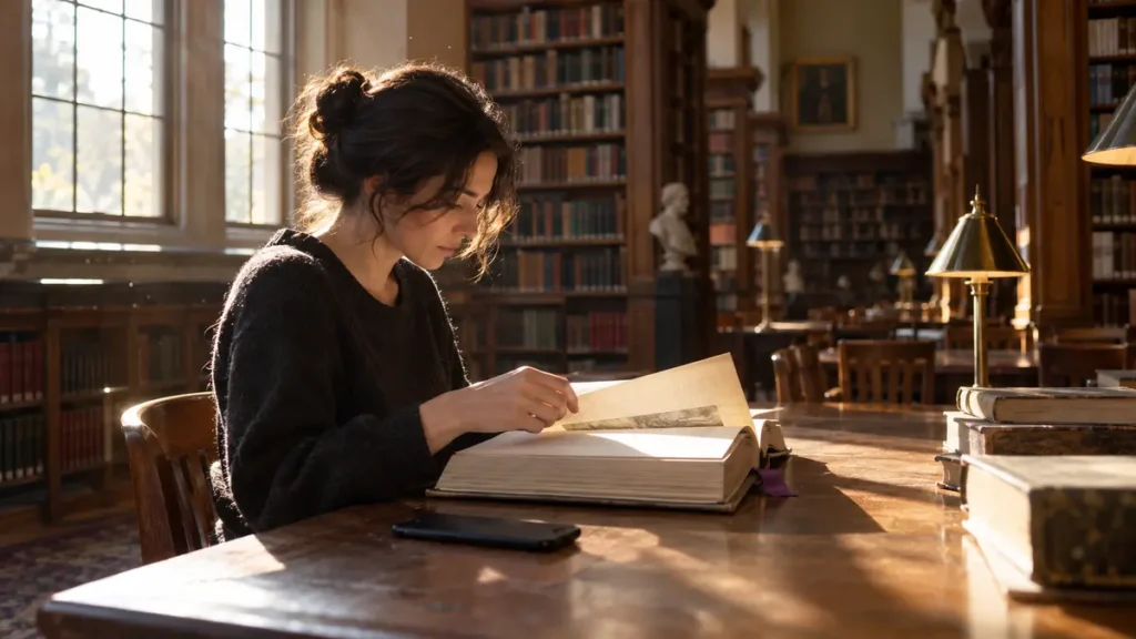 A reader sets aside a phone and opens an archival book, choosing depth and memory over the live feed.