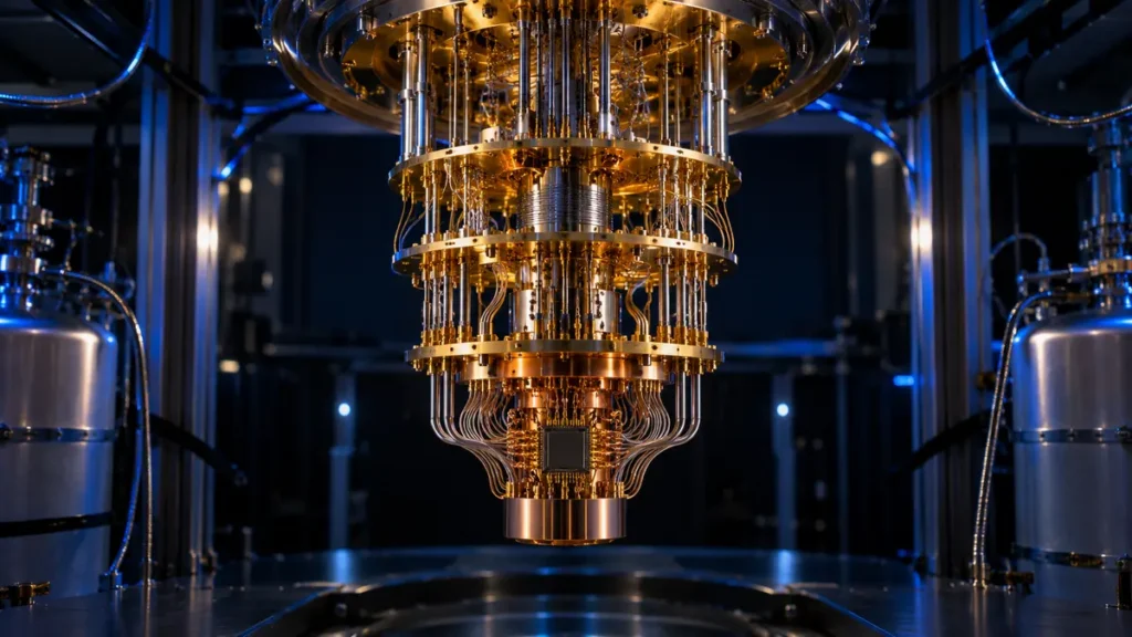 A gold cryogenic quantum processor glows in blue light, suggesting power constrained by fragile coherence.