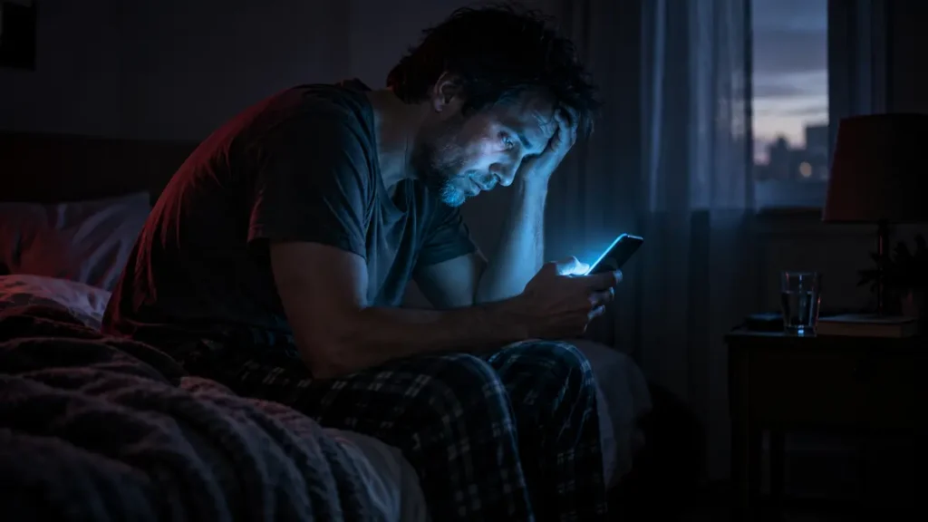 An exhausted man sits awake in the blue glow of his phone, embodying technology-driven compulsion.