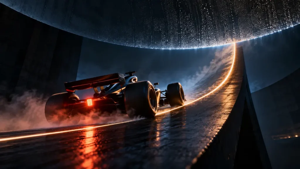 A racing machine climbs a glowing curve toward an unseen glass ceiling, revealing a hidden limit to growth.