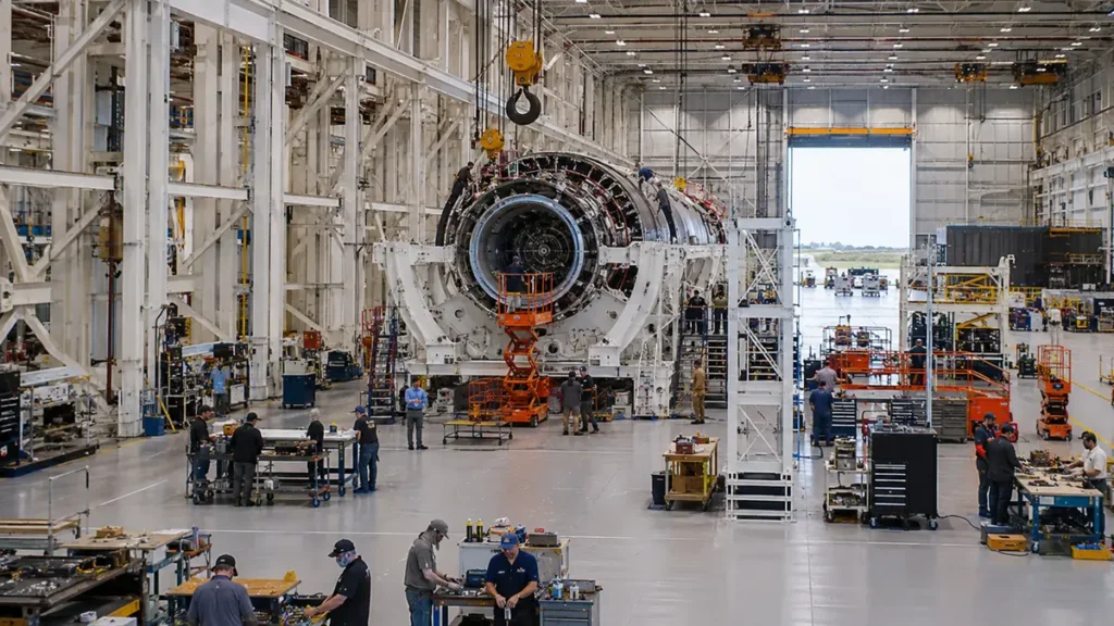 Specialized teams coordinate around a vast machine inside a bright aerospace assembly hall.