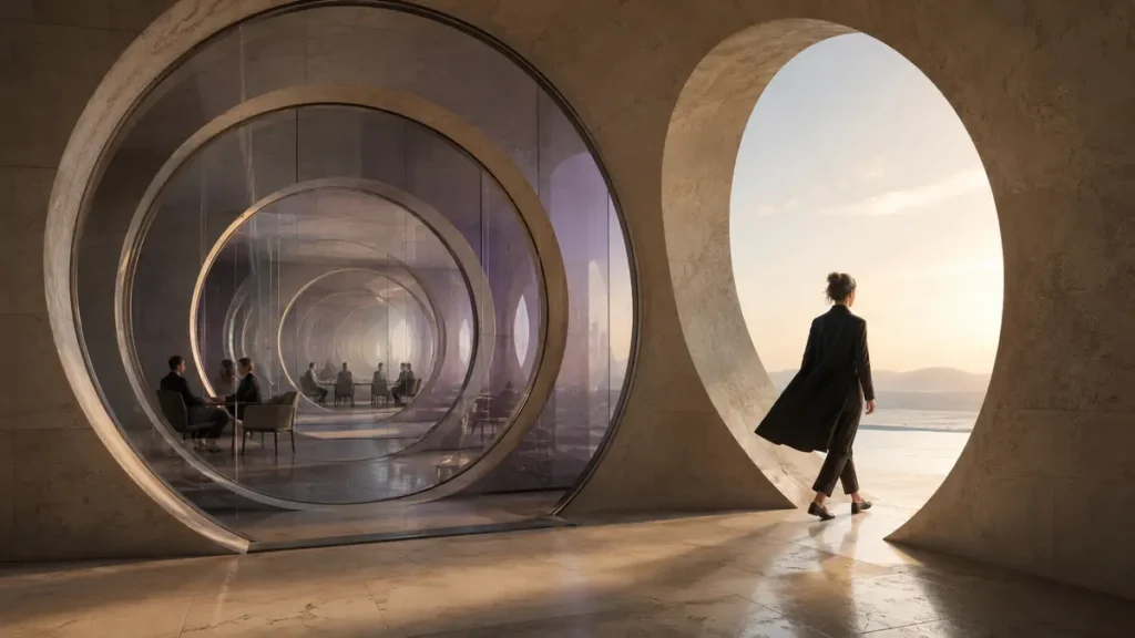 A person steps out of nested glass circles of exclusive gatherings and into open daylight.