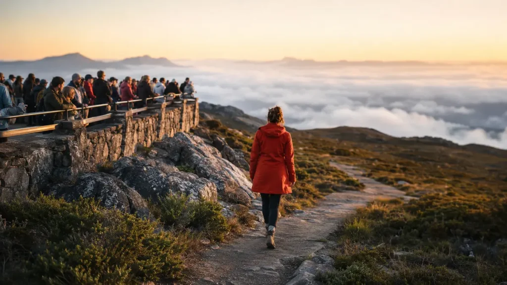 A person in a red coat leaves a crowded mountain viewpoint to follow a quiet trail alone.