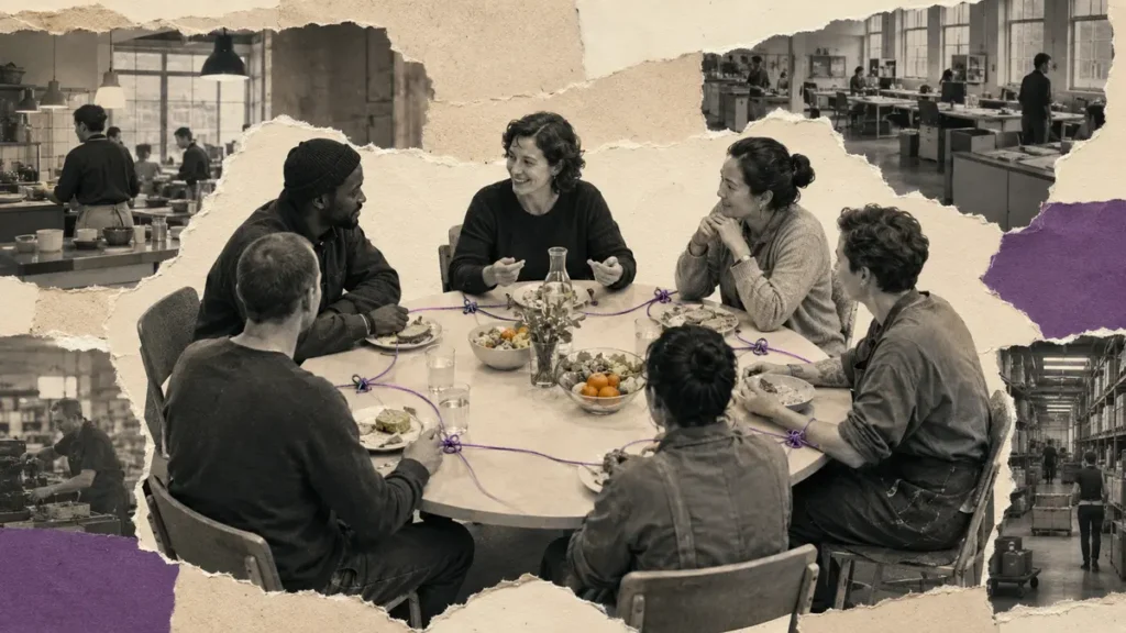 Workers and a woman leader share lunch as equals in a torn-paper collage linked by a purple thread.