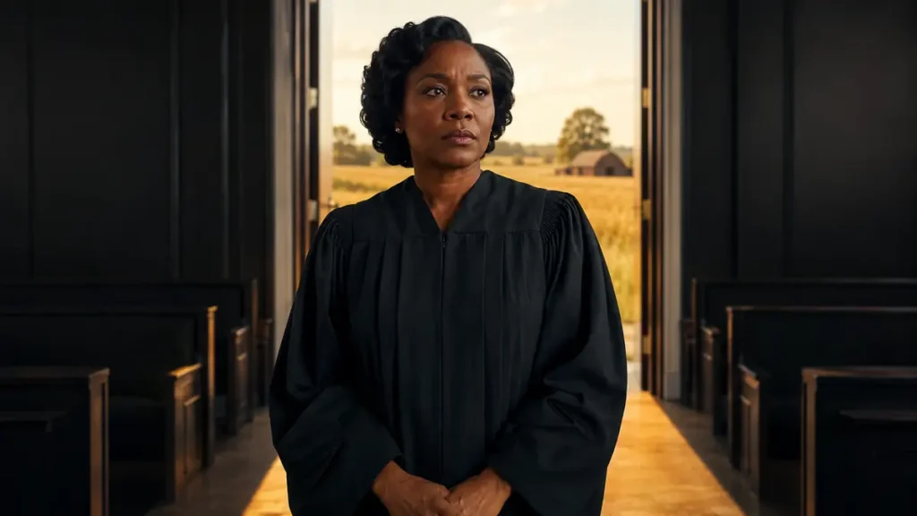 A Black woman judge stands between a shadowed courtroom and sunlit farmland, weighing law against conscience.