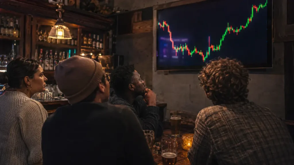 Four friends in a neighborhood bar watch a wordless financial chart as if it were a major match.