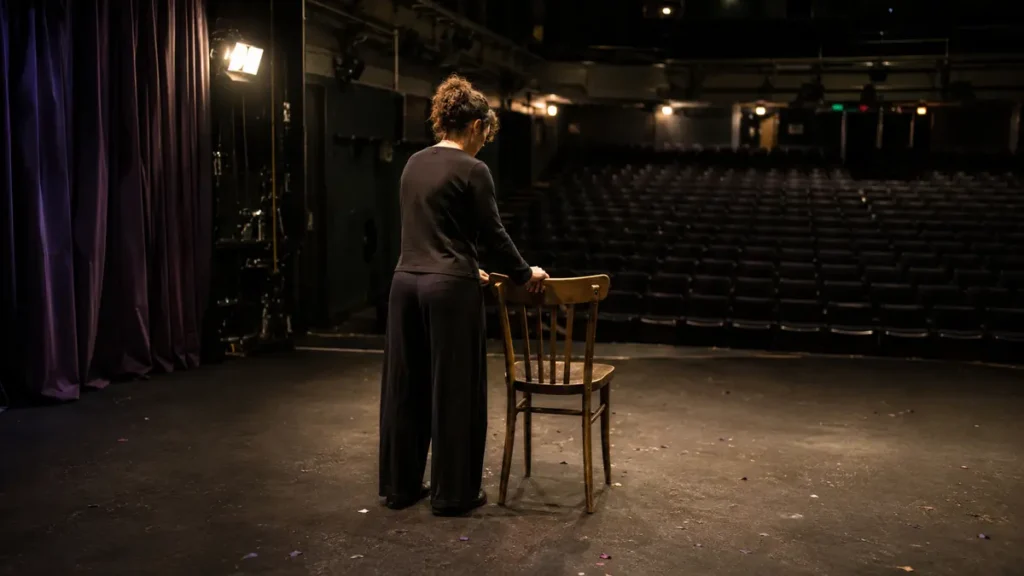 A solitary performer resets a wooden chair on an empty stage after the audience has gone.