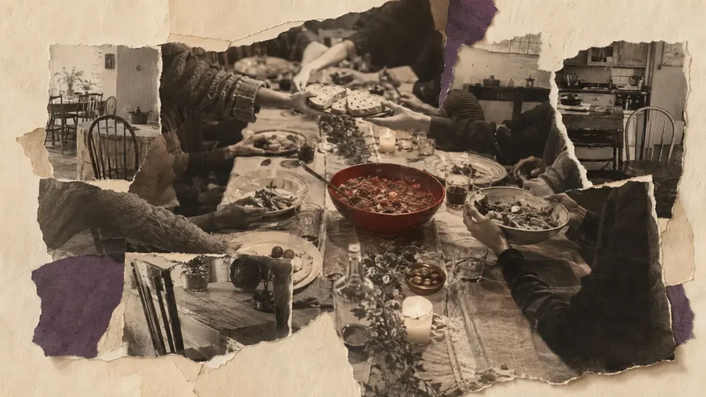Torn archival photographs form a welcoming communal table around one warm serving bowl.