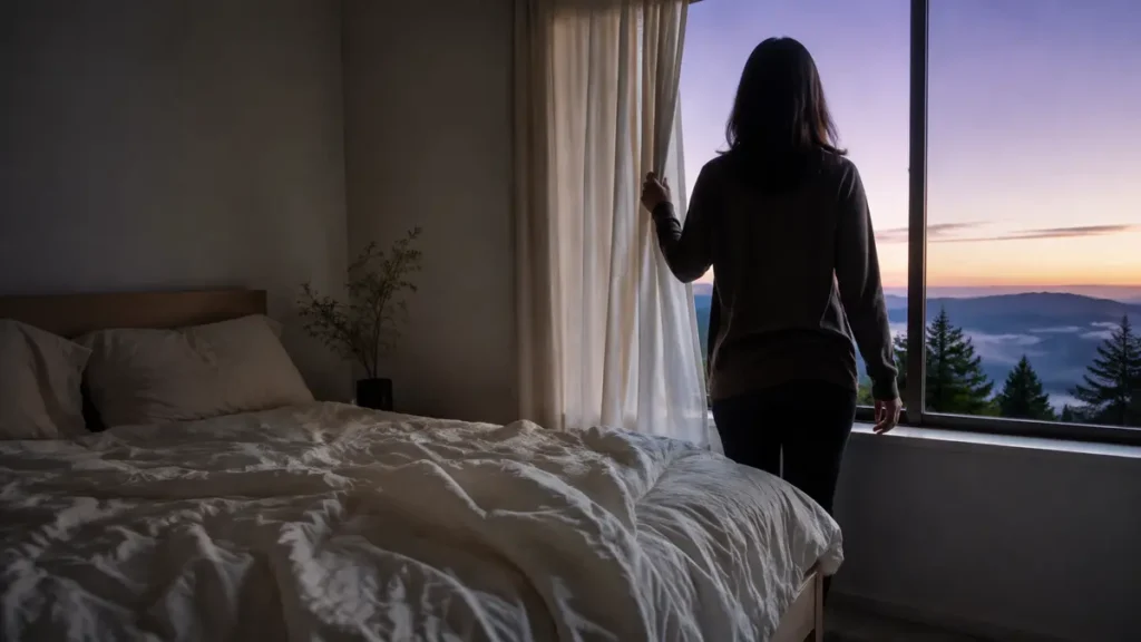 A calm person begins the day before sunrise while an unmade bed remains softly lit behind them.