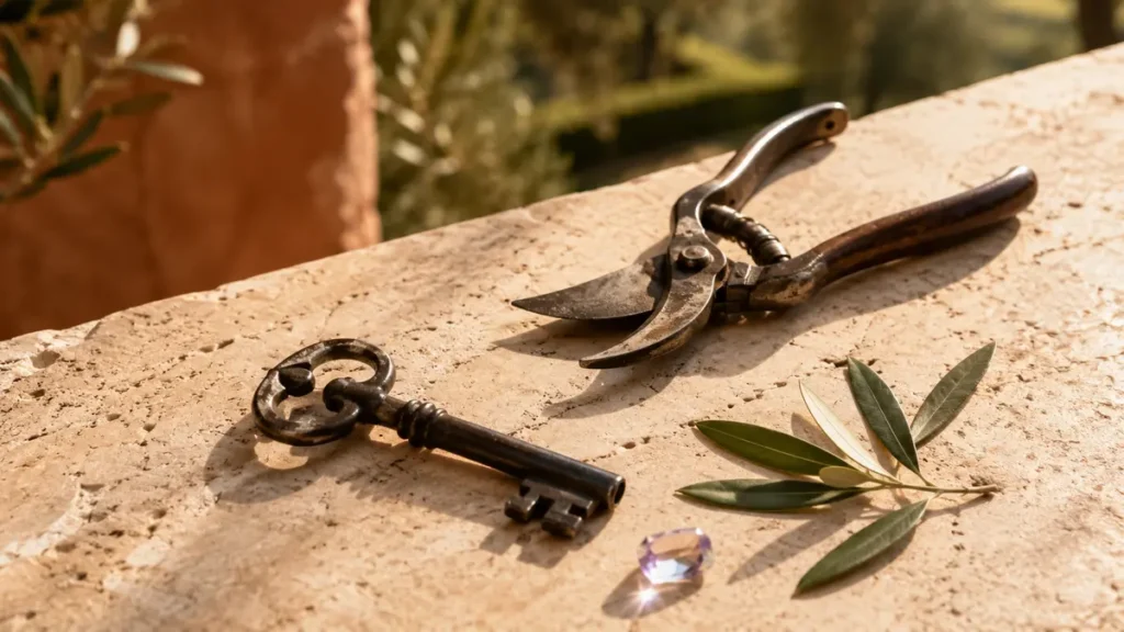 A Tuscan villa key, pruning shears, olive leaves and a crystal rest on warm sunlit travertine.