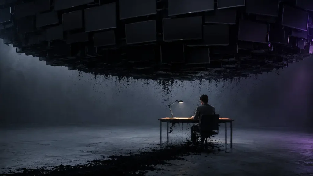 A lone moderator sits beneath a crushing ceiling of blank screens as dark residue spreads into their shadow.