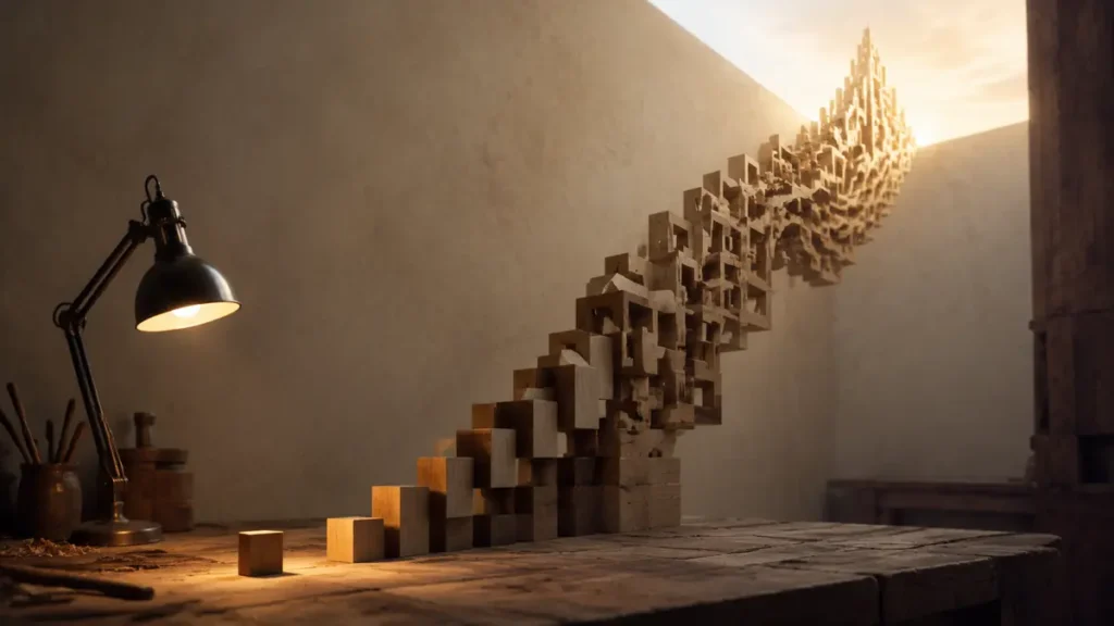 Wooden blocks multiply into an intricate rising structure, symbolizing curiosity and compounded effort.
