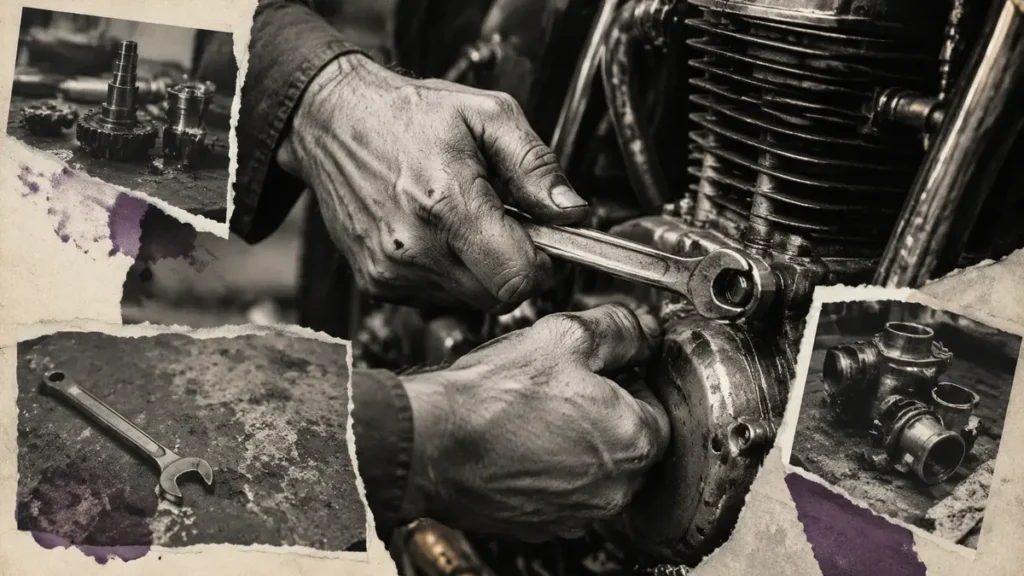 Archival collage of a mechanic's hands applying a wrench to a motorcycle engine.