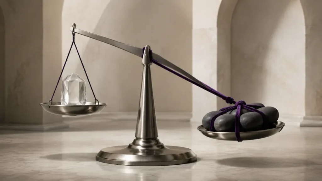 A purple cord pulls a precision balance toward matching stones and away from clear evidence.