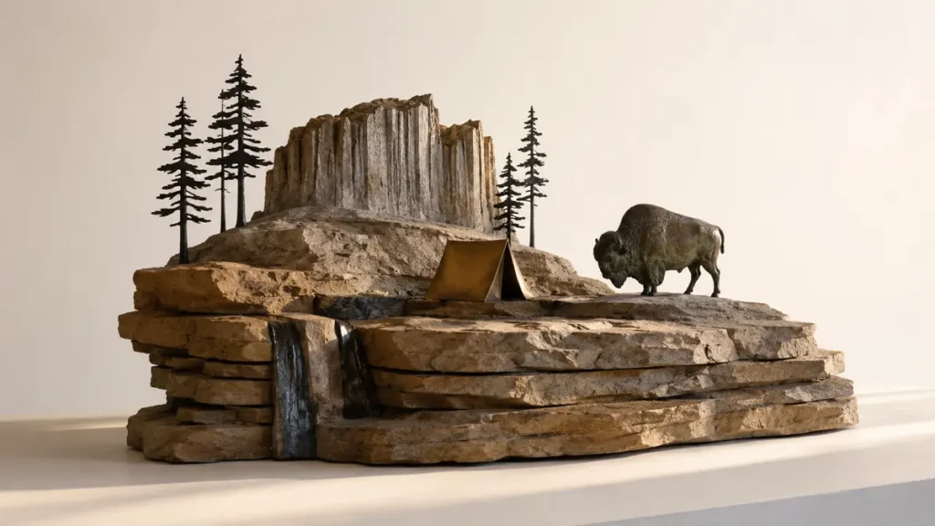 A sandstone wilderness sculpture pairs a brass tent with a bronze bison and steel pine trees.