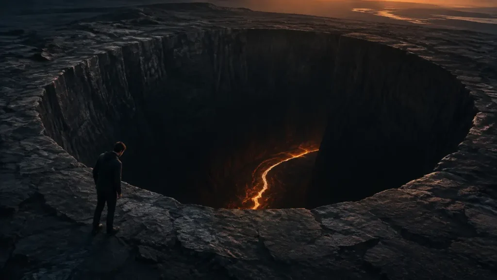 A lone figure calmly studies a vast dark chasm where an illuminated path appears below.