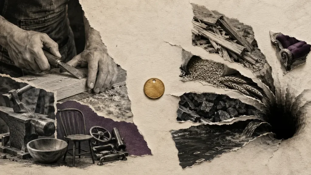 Archival collage contrasts skilled production with resources draining toward luxury consumption.