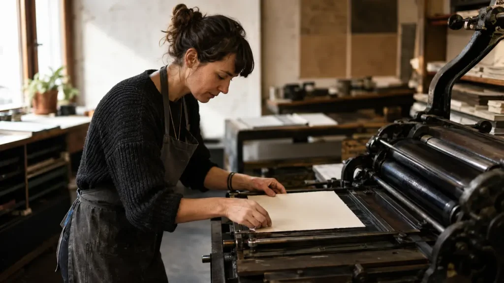 An editor aligns handmade paper on a letterpress, reflecting the enduring value of human literary craft.