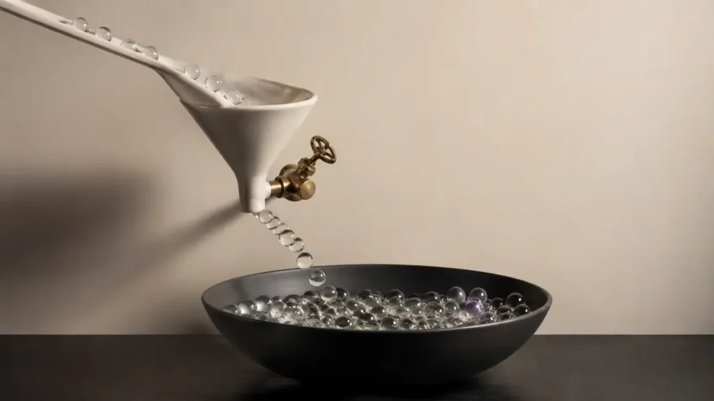 Clear glass spheres flow through an ivory funnel and brass valve into a charcoal bowl.