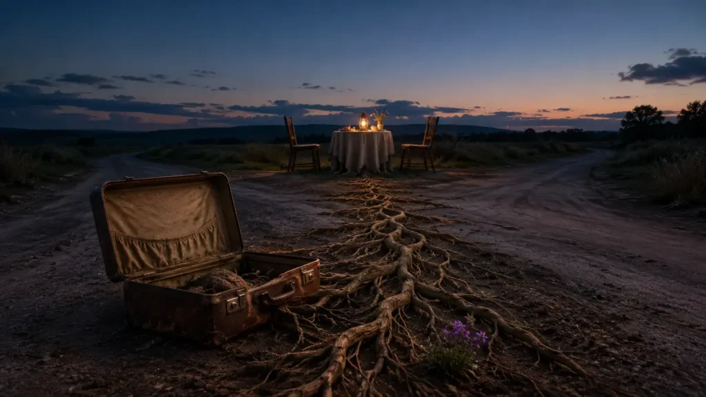 A rooted suitcase at a country crossroads leads toward two chairs at a warmly lit table.