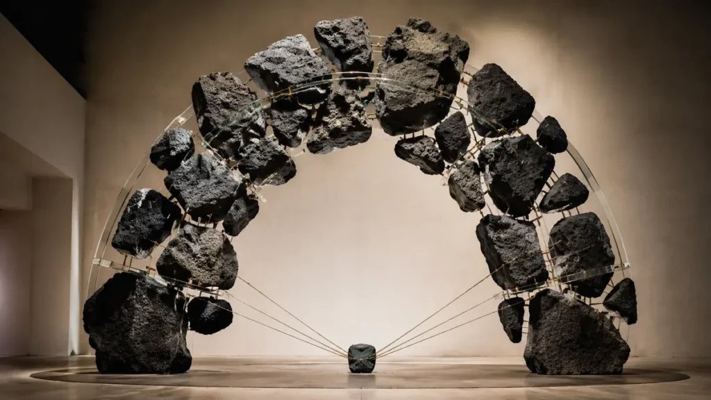 Basalt fragments form a monumental arch held together by transparent glass rings and bronze threads.