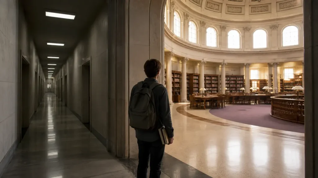 A student pauses between a narrow institutional corridor and a bright circular library.