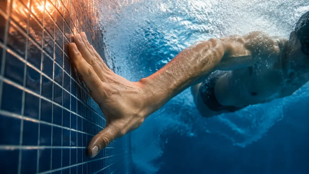 A swimmer’s precise hand contact with a tiled pool wall cuts through vivid blue water and amber light.