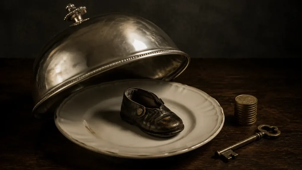 A tiny empty shoe rests on a porcelain plate beneath a silver cloche beside coins and a landlord’s key.
