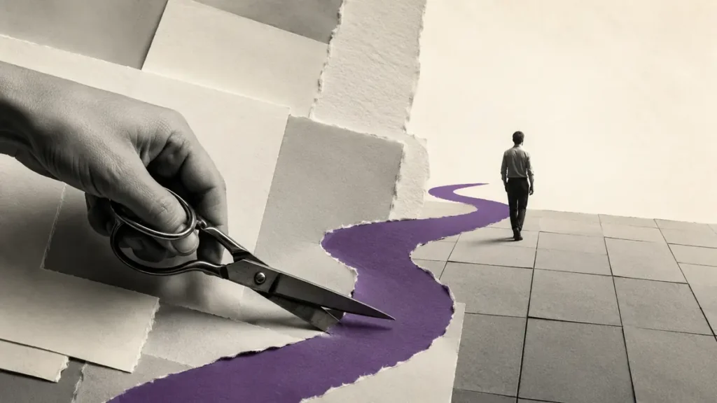 A hand cuts a purple path through blank paper as a lone figure steps beyond a rigid grid.