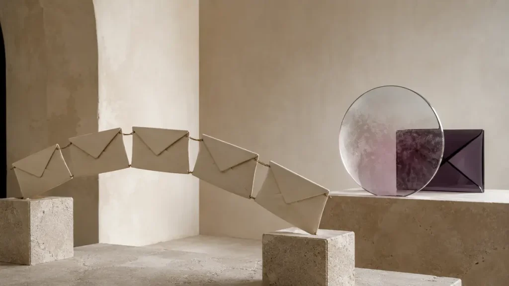 Blank ceramic letters form a delicate bridge toward a sealed glass envelope behind a cloudy lens.