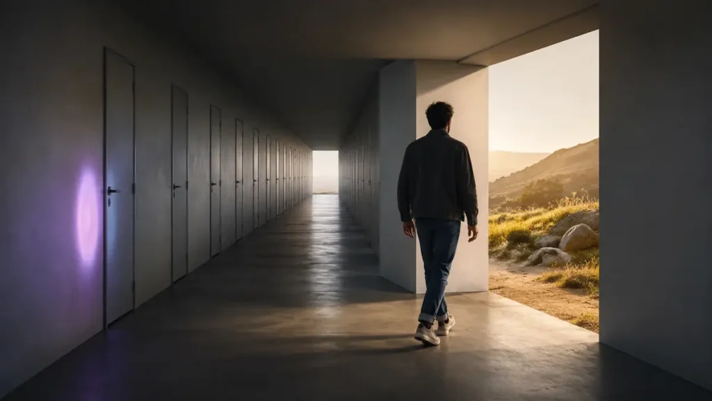 A lone person leaves a corridor of identical doors for an unmarked passage into daylight.