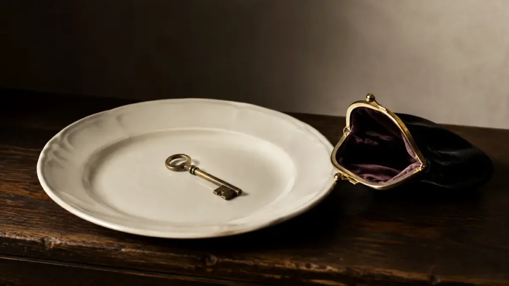 An inherited brass key rests on fine porcelain beside a nearly empty velvet purse.