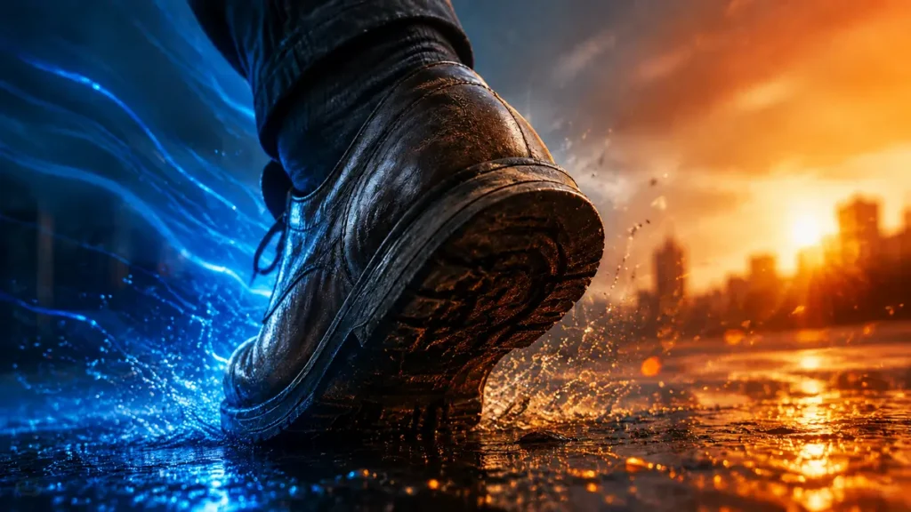 A worn shoe strikes wet pavement as vivid blue and amber trails suggest thought in motion.