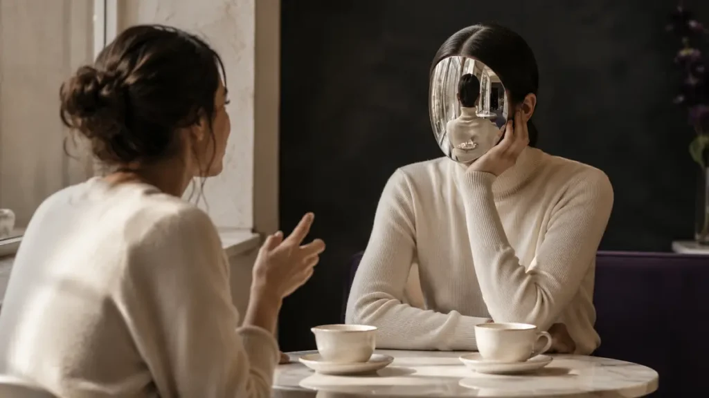 A speaker faces a mirror-faced listener whose reflection turns only toward itself.